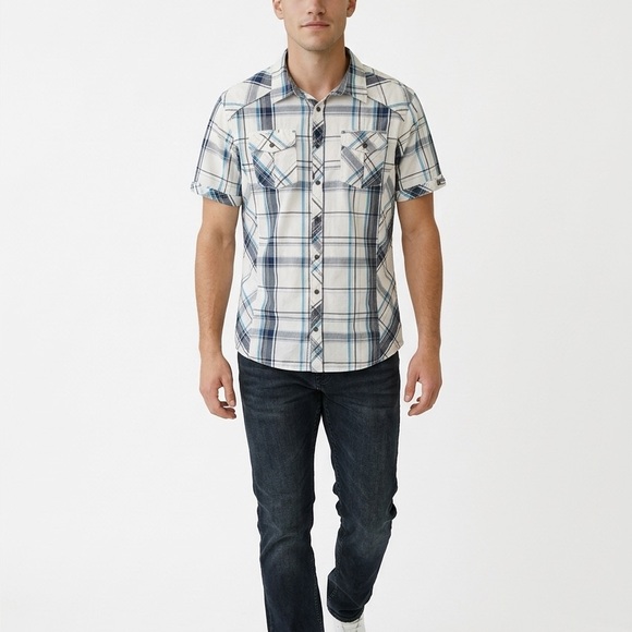 BKE Other - BKE Shirt Men’s Blue White L Athletic Fit Plaid Short Sleeve Pearl Snap Western